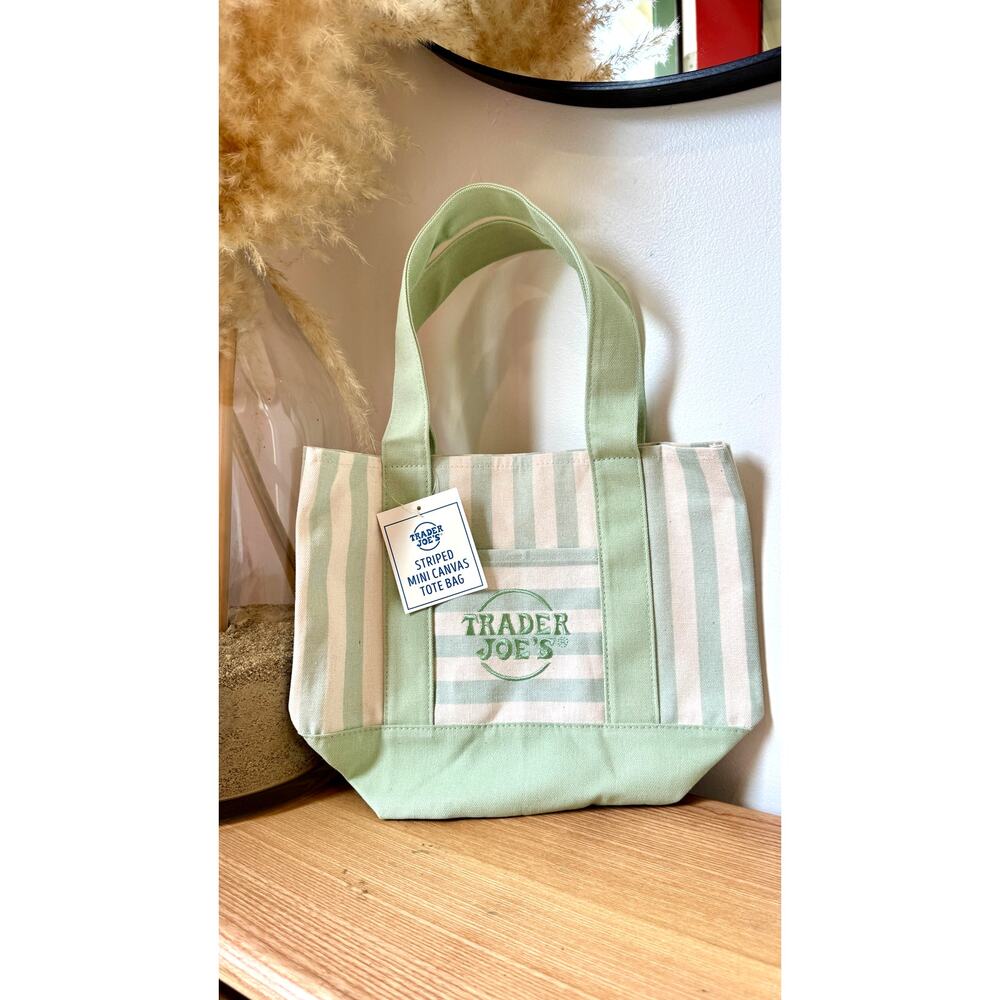 Trader Joe's Mini Striped Canvas Tote Bag Green White Stripe